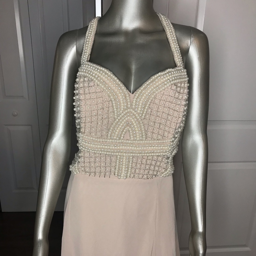 NEW nude sweetheart style flowy pearl maxi gown